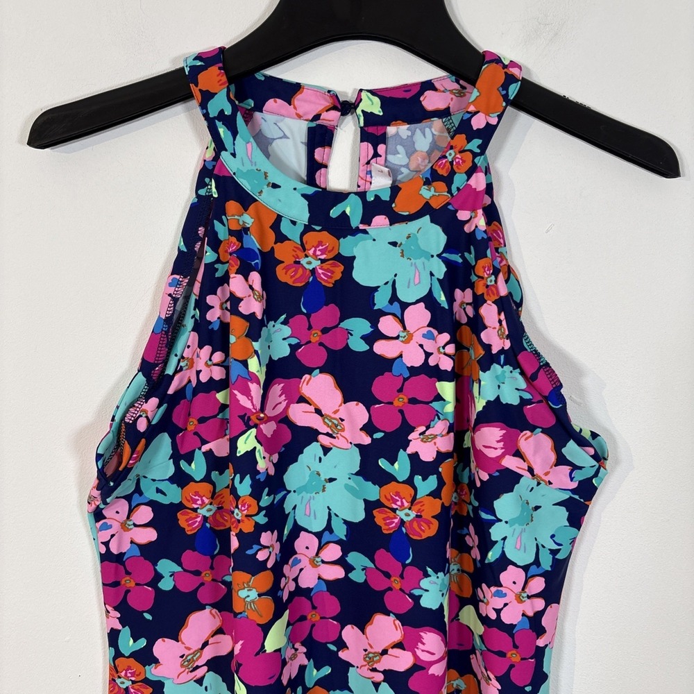 Areyah Multicolor Floral Halter Midi Dress Size Large Scalloped Edge Sleeveless - Picture 5 of 11